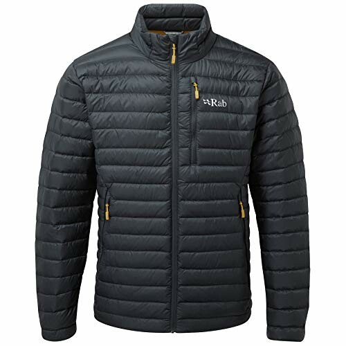 Black puffer jacket with Rab logo and front zipper.