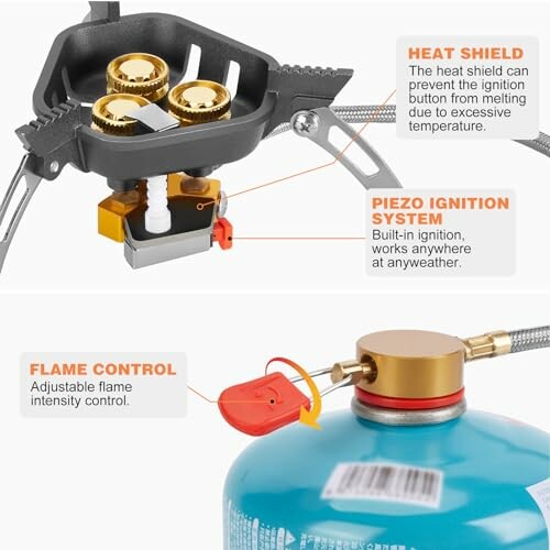 Camping stove with heat shield, piezo ignition system, and flame control.