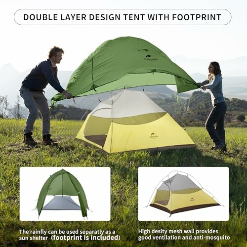 Two people setting up a double layer tent with footprint on a grassy field.