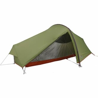 Green backpacking tent with rainfly