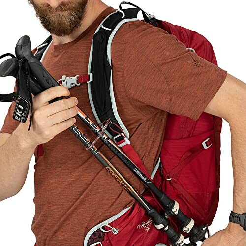 Person wearing a red backpack and holding hiking poles.