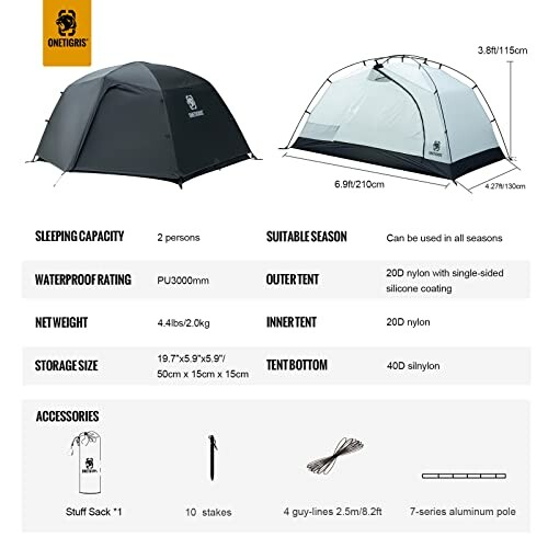 Onetigris tent specifications and accessories details