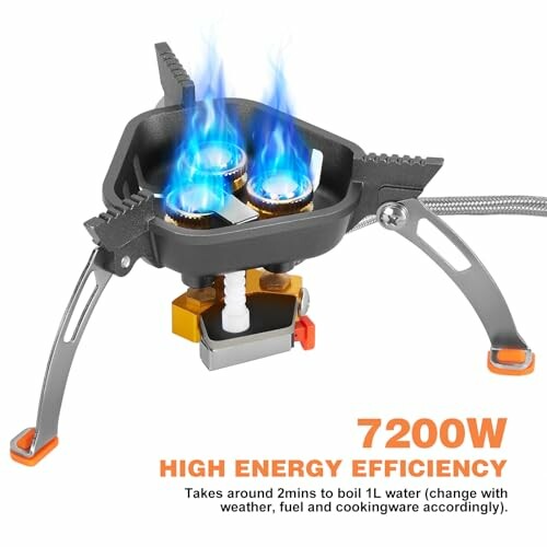 Portable camping stove with two blue flames and foldable legs.