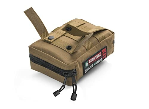 Tan snake bite survival kit with zipper and straps.