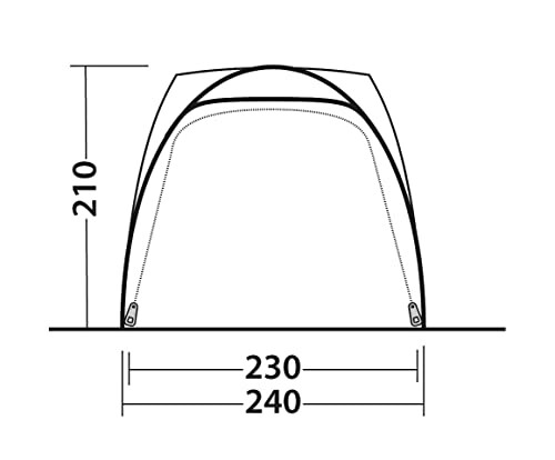 Tent dimensions diagram with height and width measurements.