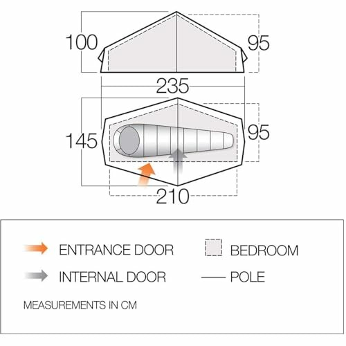Tent floor plan with measurements and door placements.