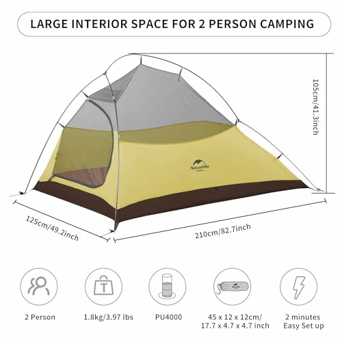 Two-person camping tent with dimensions and setup details.