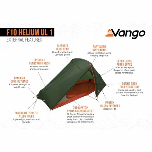 Vango F10 Helium UL 1 tent with labeled features