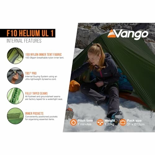 Vango tent with features including nylon fabric, TBS Pro system, taped seams, and inner pockets